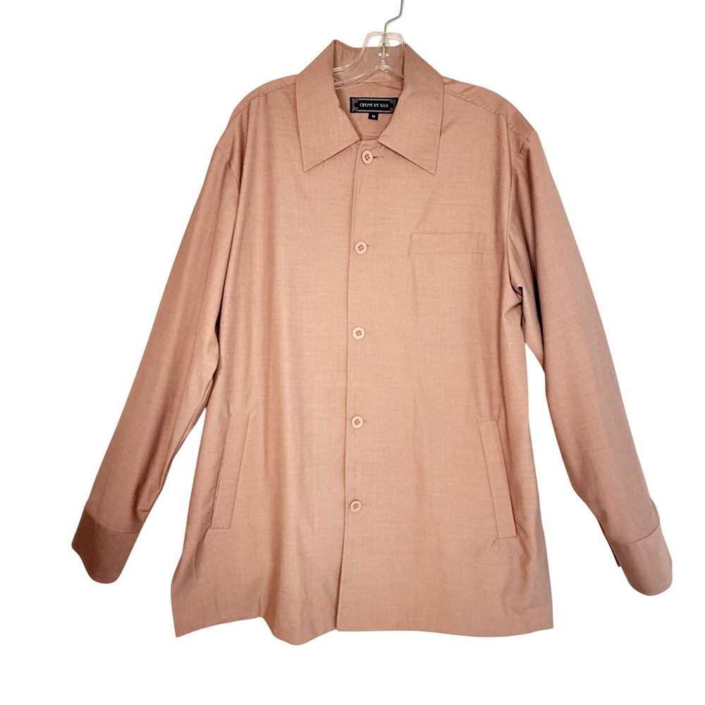 Creme de Silk Mens M Tan Button Front Shirt Jacket Y2K Minimalist Rayon Blend
